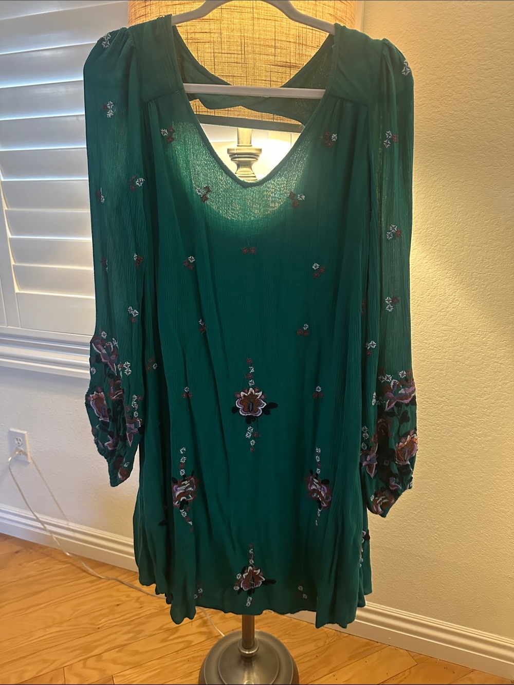 Free People Emerald Green Floral Embroidered Dress